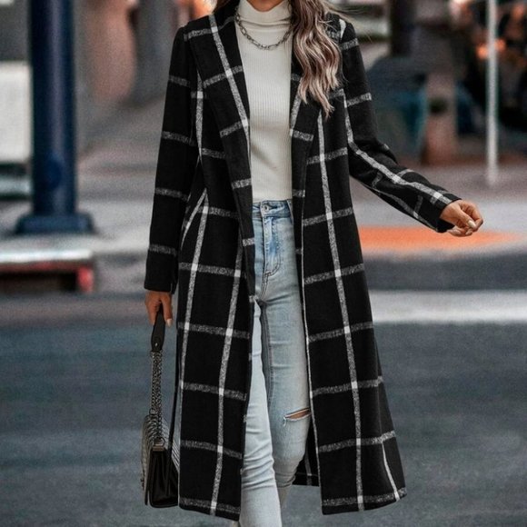 Contemporary Black white Plaid Print Shawl Collar Belted Overcoat Jacket Coat